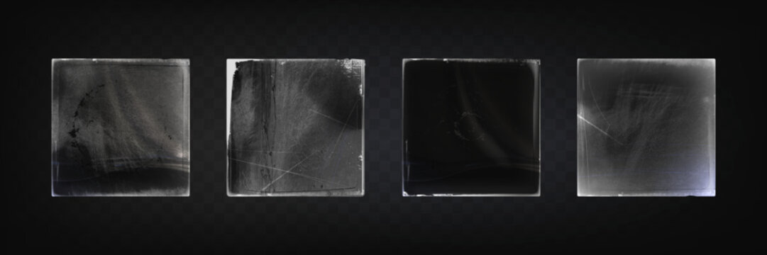 Vinyl plastic wraps with realistic wrinkles and creases on dark bg. Clear polyethylene film covers with glossy texture, scratches and distressed surface effects - mockup sleeves for CD album packaging