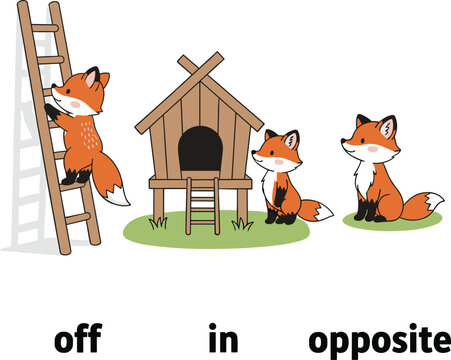 Educational Cartoon Vector Illustration of Foxes Demonstrating Prepositions: Off a Ladder, In a Hut, and Opposite Another Fox