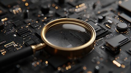 Close Up of Magnifying Glass Over Black Circuit Board with Gold Accents Under Dramatic Lighting