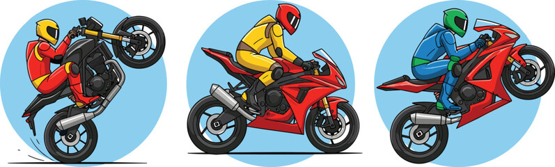 Vector Illustration Set of Sport Motorcycle Riders Performing Stunts: Wheelie, Cornering, and High-Speed Racing Action © Kamrun