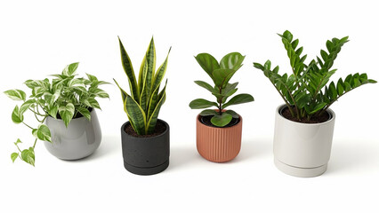 Obraz premium Group of popular indoor houseplants in stylish modern pots isolated on a white background ideal for interior design and botanical concepts