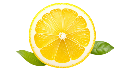 A vibrant, close-up view of a perfectly sliced citrus fruit. Its bright yellow flesh is encased in a smooth peel, and framed by green leaves