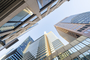 View of towering skyscrapers reaching for the clear sky, their glass facades reflecting the urban landscape, in Frankfurt am Main, Hessen, Germany.