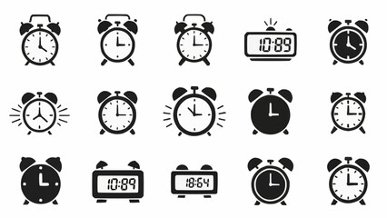 Collection of various alarm clock icons and digital displays.