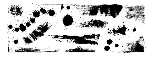 Grunge splatter doodle set with black paint ink splash and brush spray textures. Vector graphic elements with abstract stain patterns, watercolor effects and rough stroke shapes isolated on white.