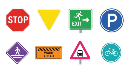 Collection of common road and pedestrian traffic signs on a white background
