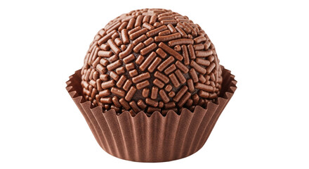 Single chocolate brigadeiro in a brown paper cup isolated on a transparent background
