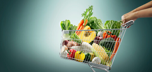 &ldquo;Fresh assorted variety of fresh vegetables in a cart against a blue background highlight their vitamins, antioxidants, and nutritional benefits for healthy cooking and balanced meals."