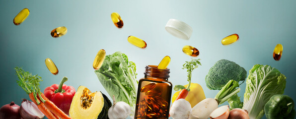 &ldquo;Healthy vitamins, fresh vegetables, and dietary supplements are displayed on a blue background, emphasizing the health benefits and a balanced lifestyle.&rdquo;
