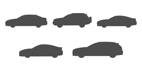CAD Drawings. Set of passenger cars silhouette side view including sedan, hatchback, SUV, coupe, and station wagon isolated on white background. Vector illustration.