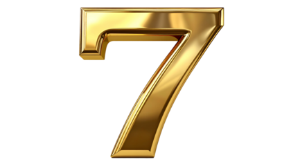 A golden, three-dimensional numeral seven rendered against a black background. The number has a glossy, reflective surface