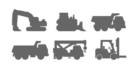 CAD Drawings. Side view set of construction and utility vehicles silhouette including excavator, bulldozer, dump truck, crane truck, and forklift isolated on white background. Vector illustration. © MkJutt