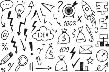 Obraz premium Set of vector doodle element related to business plan, start up, growth, idea 