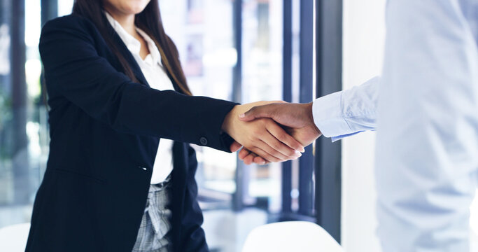 Interview, deal or people in office with handshake, introduction or success in onboarding process. Meeting, hiring or recruiter in agency with shaking hand, candidate or offer for career opportunity