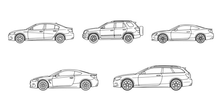 CAD Drawings. Set of passenger cars side view including sedan, hatchback, SUV, coupe, and station wagon isolated on white background. Vector illustration.