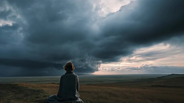 A woman sitting in a grass meadow, looking up at rolling black clouds in the sky, creating a dramatic and emotional scene that contrasts human presence with powerful, approaching weather.