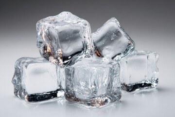 Obraz premium Heap of Transparent Ice Cubes on a Reflective White Surface with Bright Overhead Lighting in a Studio Setting for Cold Refreshment