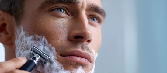Young man with light stubble applying shaving foam to his face while using a razor, showcasing a grooming routine in a bright bathroom setting with soft lighting