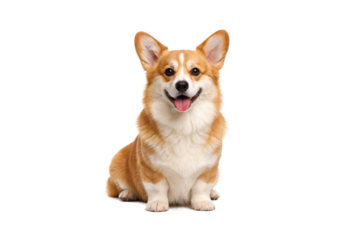 Cute Pembroke Welsh Corgi dog sitting and smiling, full body view isolated on a white background. Adorable short-legged companion pet with fluffy fur, happy expression, and friendly personality
