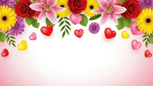 Colorful floral border with hearts on pink background for valentines day - Powered by Adobe