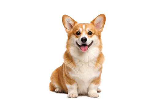 Cute Pembroke Welsh Corgi dog sitting and smiling, full body view isolated on white background. Adorable short-legged companion pet with fluffy fur, happy expression, friendly personality, transparent