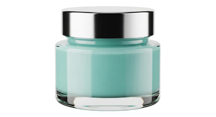 Luxury skincare jar with turquoise face cream and silver lid on transparent background