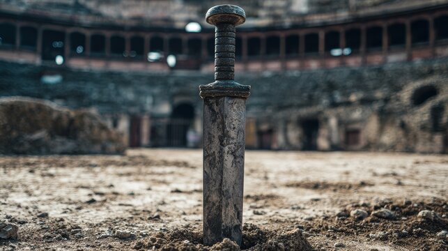 Ancient Roman sword, gladius stuck in the ground in a Roman arena.