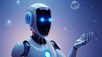 A futuristic robot with glowing blue eyes and a metallic body in space