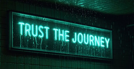 Naklejka premium Neon sign displays inspirational message. Wet surface reflects bright green light, creating moody atmosphere. Dark background emphasizes text.
