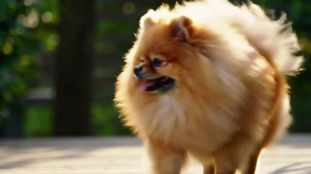 Fluffy pomeranian dog outdoors in sunlight on wooden surface