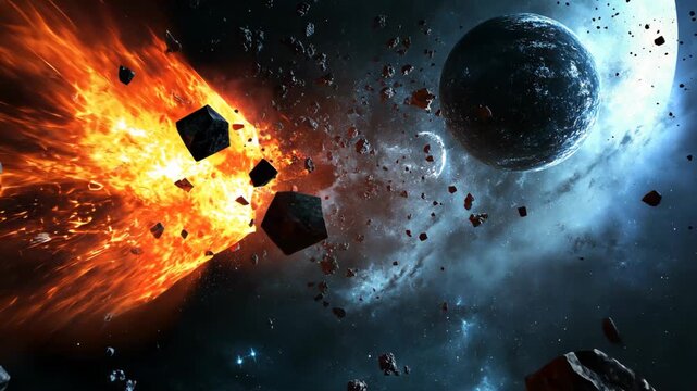 Surreal sci-fi scene of fractal planets scattered across deep space with explosive bomb elements, creating a dramatic cosmic atmosphere filled with chaos, energy, and futuristic imagination.