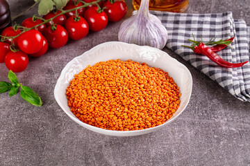 Raw dry orange lentil heap