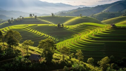 A serene landscape of green rice terraces in a mountainous region at sunrise or sunset with misty hills
