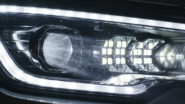 Modern Automotive Headlight With Bright LED DRL Daytime Running Lights In Dark Environment Close Up Macro Shot