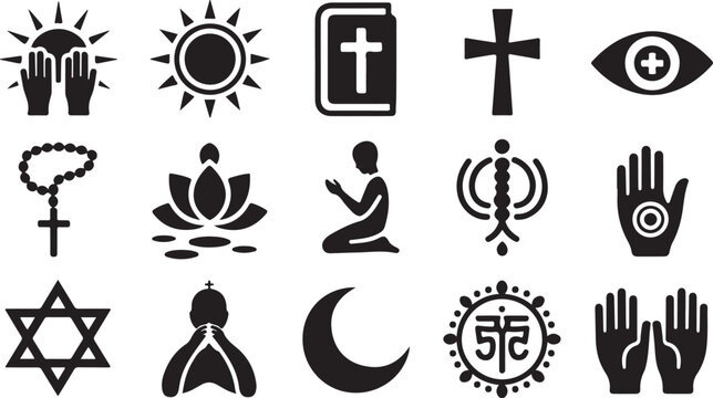 Diverse Global Religious and Spiritual Symbols Collection featuring Faith Icons and Prayer Silhouettes