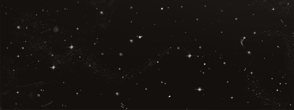 Black night sky with milky way stars. Vector realistic illustration of outer space background with white dots, constellations and nebula effect, seamless starry galaxy pattern, astronomy wallpaper