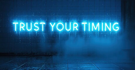 Naklejka premium Bright neon sign displays positive message. Wet tiled wall creates dramatic effect. Blue tones dominate scene, evoking calm mood.