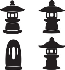 Traditional Japanese Stone Lanterns Silhouette Vector Design Set for Oriental Garden Elements and Cultural Icons