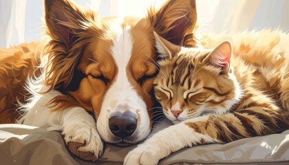 A heartwarming illustration of a brown and white dog and a tabby cat sleeping soundly side-by-side in warm sunlight.