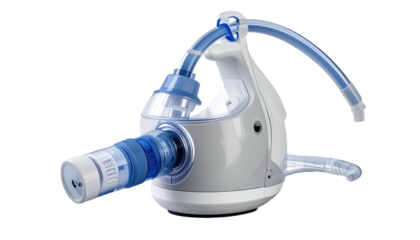 Medical device, white and blue, with tubes and a face-contact
