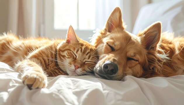 An orange tabby cat and a golden dog sleeping peacefully side-by-side in bright sunlight on white bedding. - Powered by Adobe