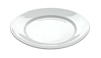 A pristine white, glossy, ceramic plate with a wide rim, rendered in a 3D style against a black backdrop, ideal for food presentation