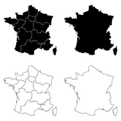 France Region Outline and Solid Fill Map Set.