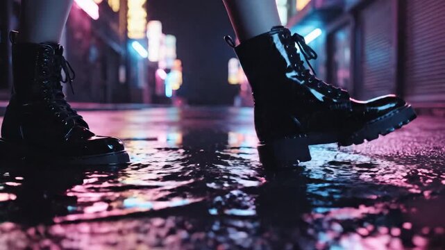 Person Wearing Shiny Black Combat Boots Splashing Through Puddles on a Wet City Street Reflecting Neon Lights at Night with Vibrant Pink and Blue Hues Creating an Atmospheric Urban Scene