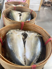 Fresh thai mackerel in blamboo basket