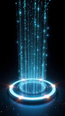 Holographic portal forming a glowing circular ring emitting vertical streams of blue and cyan light particles rising upward like digital rain.