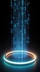 Holographic portal forming a glowing circular ring emitting vertical streams of blue and cyan light particles rising upward like digital rain.