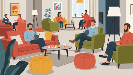 Fototapeta premium Modern Living Room Scene with People Relaxing and Engaging in Diverse Activities