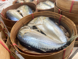 Fresh thai mackerel in blamboo basket