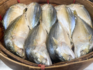 Fresh thai mackerel in blamboo basket